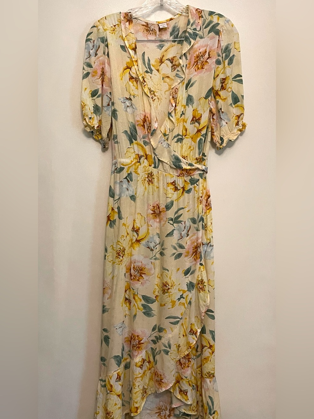 Old Navy Yellow Floral Puff Sleeve True Wrap Midi Sun Dress Ruffles size M